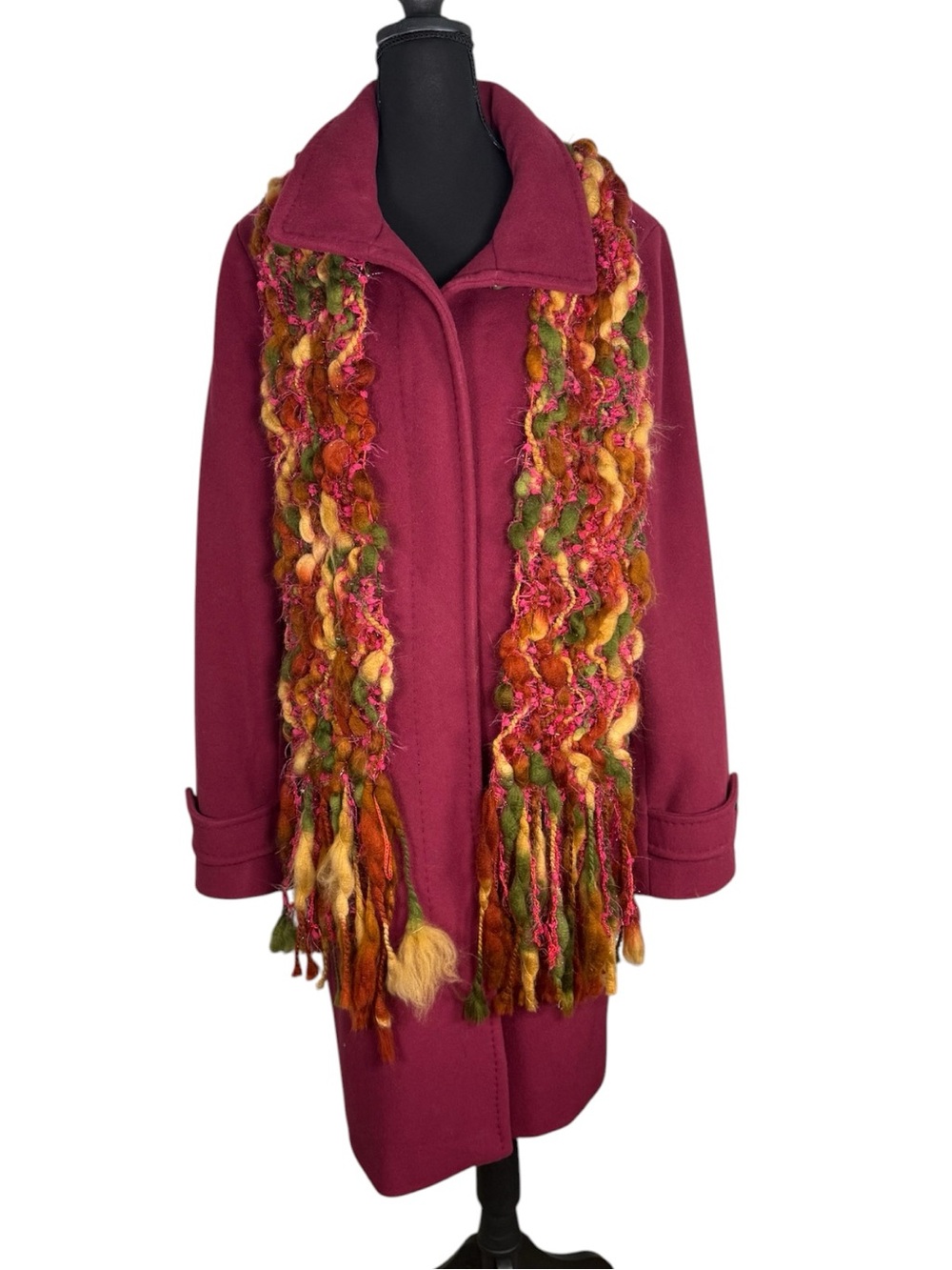 Lands End Womens 16T Wool Cashmere Blend Coat Burgundy + Artisan Knit Scarf